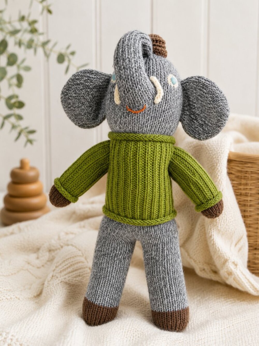 Blabla Kids Hercule Elephant Knit Plush Stuffed Animal Gray Green 15”
